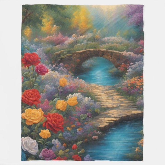 “Serene Garden Bridge”  Fleece Blanket (Front)