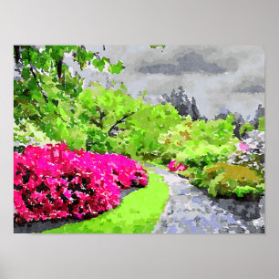 Serene garden path with vibrant pink flowers poster