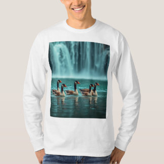 "Serene Geese Family by the Waterfall – Nature-Ins T-Shirt