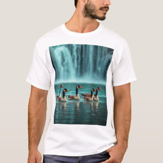 "Serene Geese Family by the Waterfall – Nature-Ins T-Shirt