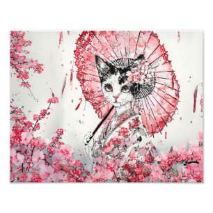 Serene Geisha Cat with Red Parasol Cherry Blossom Photo Print