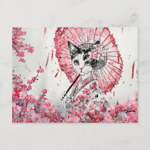 Serene Geisha Cat with Red Parasol Cherry Blossom Postcard