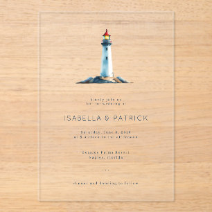 Serene Grayscale Lighthouse Acrylic Invitations