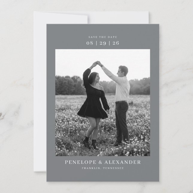 Serene Grayscale Minimalist Photo Save The Date (Front)