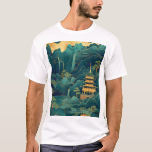 Serene Green and Blue Mountain Watercolor Scenery T-Shirt