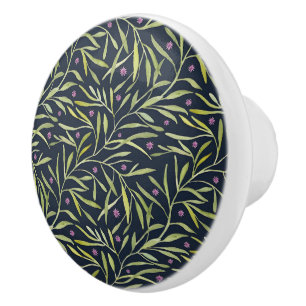Serene Green Leafy Vines with Pink Flowers Ceramic Knob