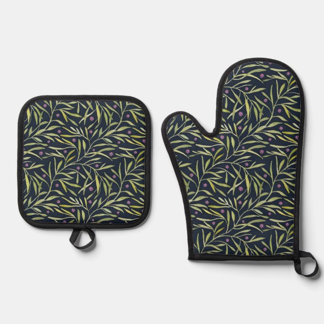 Serene Green Leafy Vines with Pink Flowers Oven Mitt & Pot Holder Set (Front)