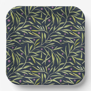 Serene Green Leafy Vines with Pink Flowers Paper Plate