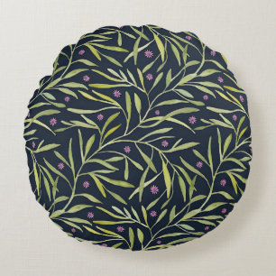 Serene Green Leafy Vines with Pink Flowers Round Cushion