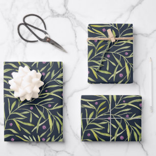 Serene Green Leafy Vines with Pink Flowers Wrapping Paper Sheet
