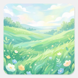 Serene Green Meadow and Spring Flowers Square Sticker