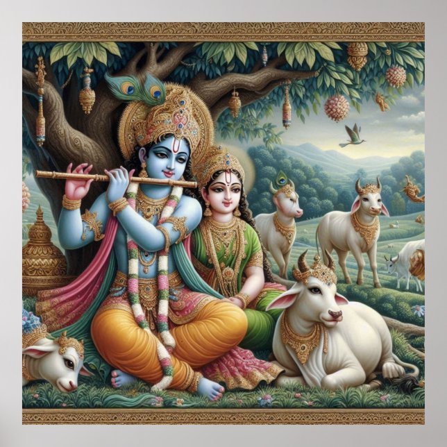 Serene Green Ornate Radha Krishna Venugopal Flute  Poster (Front)