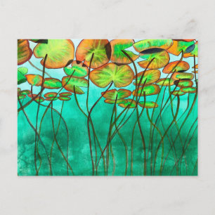 serene green pond with lilypads postcard