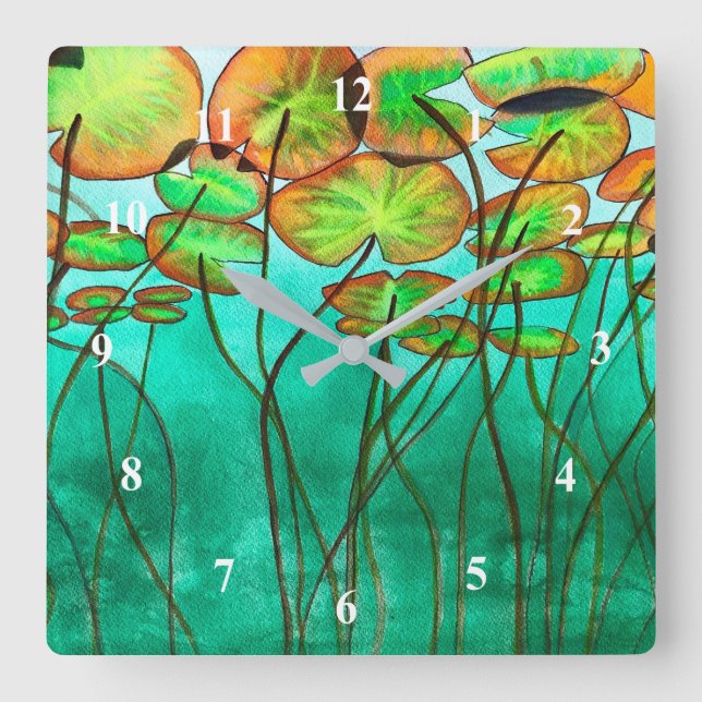 serene green pond with lilypads square wall clock (Front)