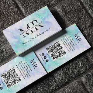 Serene Green & Purple Alcohol Ink Monogram QR Code Business Card