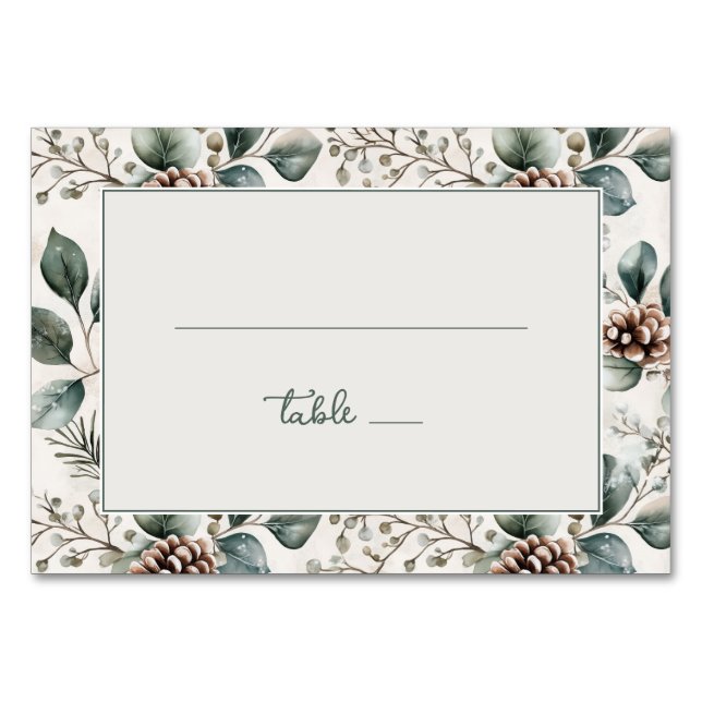 Serene Green Rustic Botanical Border Table Number (Front)