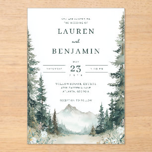 Serene Green Watercolor Forest Scene Acrylic Invitations