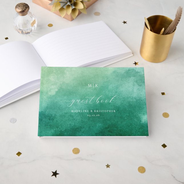 Serene Green Watercolor Guestbook (Front Open)