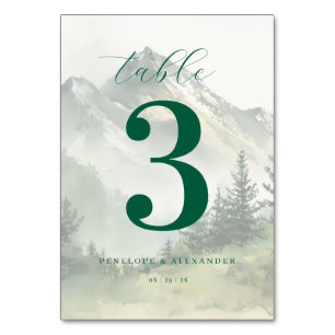 Serene Green Watercolor Mountain Landscape Table Number