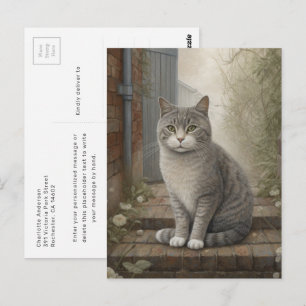 Serene Grey Cat Relaxing In The Backyard Postcard