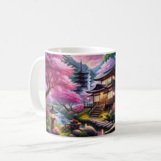 Serene Japanese Garden at Dusk Painting Coffee Mug (Front Left)