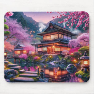 Serene Japanese Garden at Twilight Painting Mouse Pad