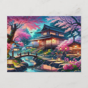 Serene Japanese Garden at Twilight Painting Postcard