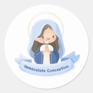 Serene Kawaii Virgin Mary Praying with Flower – Wh Classic Round Sticker