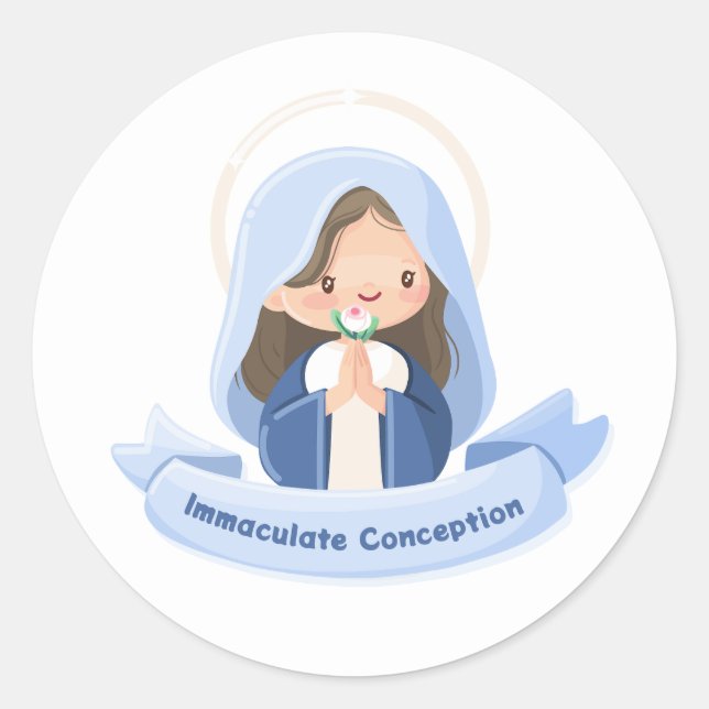 Serene Kawaii Virgin Mary Praying with Flower – Wh Classic Round Sticker (Front)
