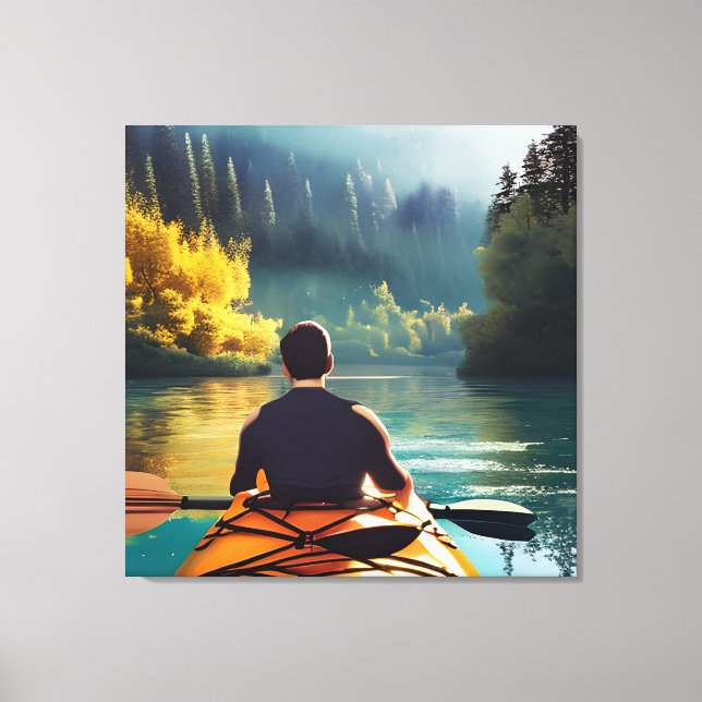 Serene Kayaking Scene | Man in Kayak in Mountains Canvas Print (Front)