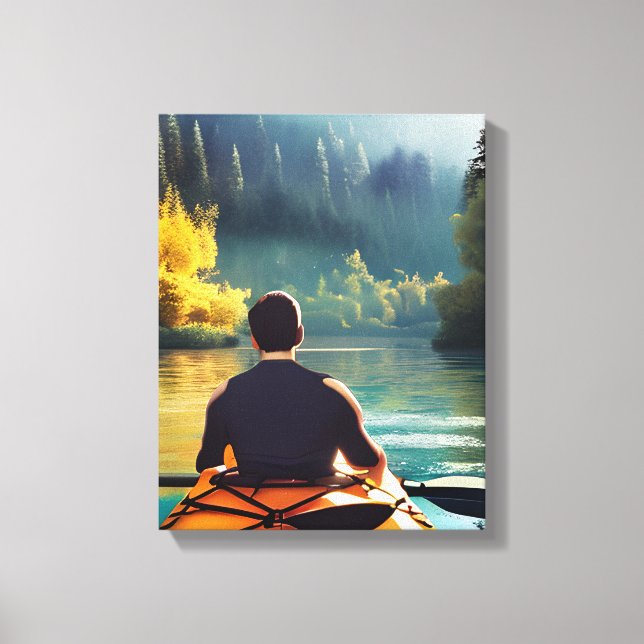 Serene Kayaking Scene | Man in Kayak in Mountains Canvas Print (Front)