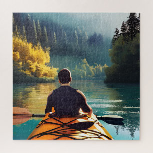 Serene Kayaking Scene   Man in Kayak in Mountains Jigsaw Puzzle