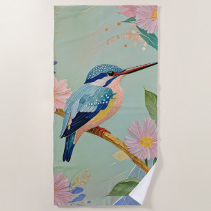 Serene Kingfisher in a Floral Paradise Beach Towel