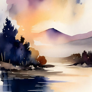 Serene Lake and Mountain Sunrise Digital Art Print