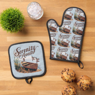 Serene Lake Boat with Geese and Wildflowers Oven Mitt & Pot Holder Set