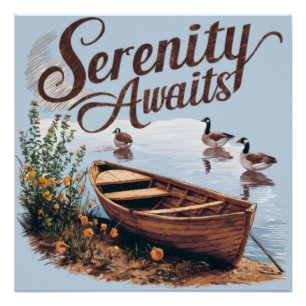 Serene Lake Boat with Geese and Wildflowers Poster