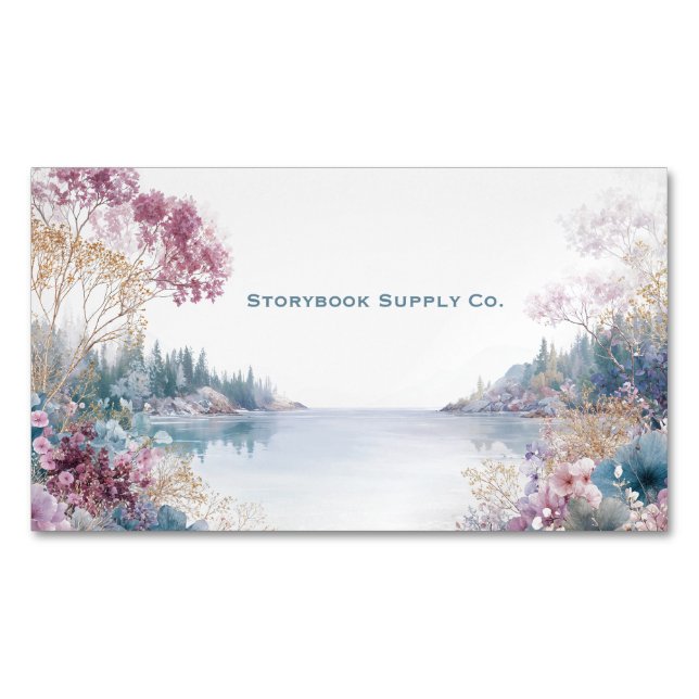 Serene Lake Landscape Pink Gold Floral Magnetic Business Card (Front)