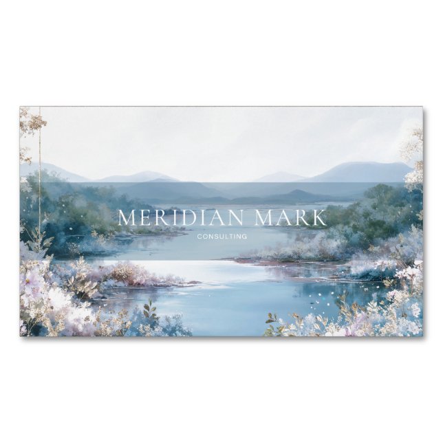 Serene Lake Pink Floral Gold Sparkle Magnetic Business Card (Front)