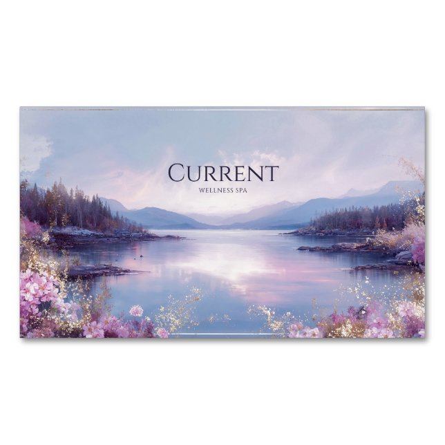 Serene Lake Pink Floral Gold Sparkle Magnetic Business Card (Front)