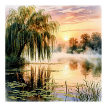 Serene Lake Sunrise with Willow Tree