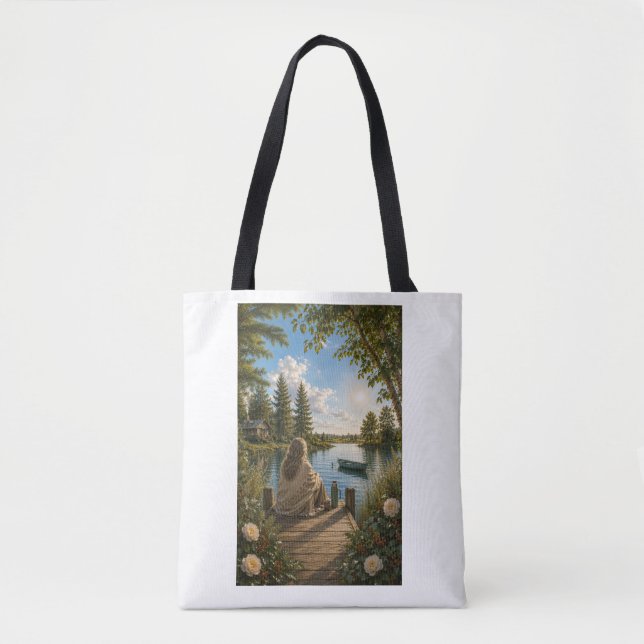 Serene Lakeside Botanical Nature Tote Bag (Front)