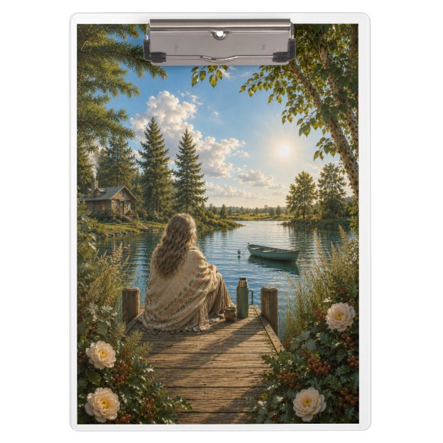 Serene Lakeside Notebook | Peaceful Nature & Cotta Clipboard (Front)