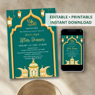 Serene Light Blue Gold Geometric Iftar Dinner Invitation