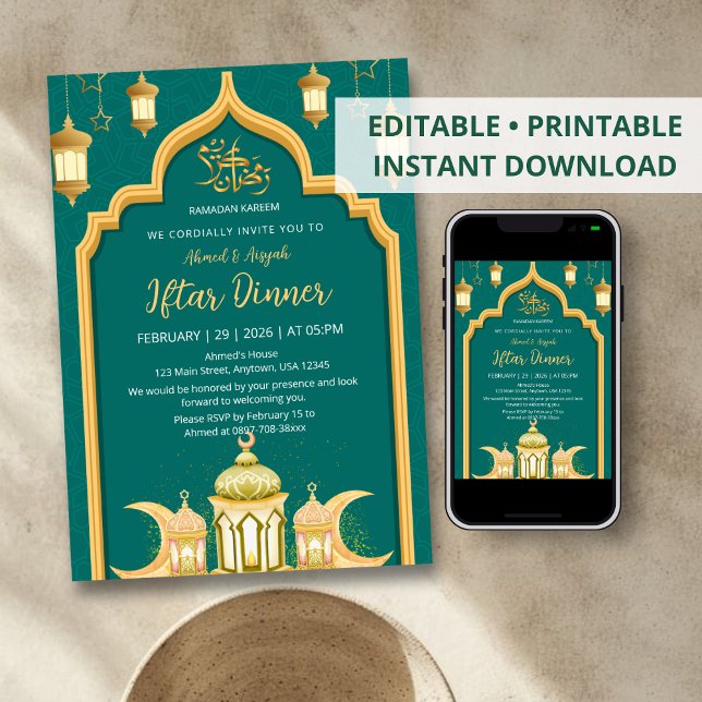 Serene Light Blue Gold Geometric Iftar Dinner Invitation (Creator Uploaded)