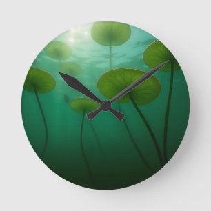 Serene Lotus Leaves Underwater Sunlight Glow Round Clock