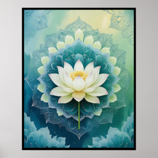 Serene Lotus Mandala: Blue & Green Meditation Art  Poster