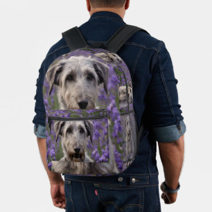 Serene Majesty: Wolfhound In Purple Iris Field, Printed Backpack
