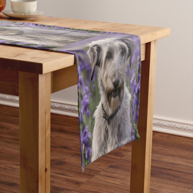 Serene Majesty: Wolfhound In Purple Iris Field, Short Table Runner (In Situ)