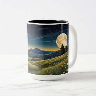 Serene Meadow Under Starry Sky Moonlit Wild flowe Two-Tone Coffee Mug