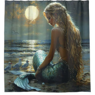 Serene Mermaid Sunset Shower Curtain